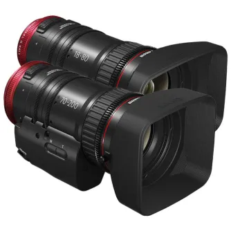 Canon Cinema EOS Compact Servo Double Lens Kit su CN-E18-80mm ir CN-E70-200mm objektyvais, skirtas 4K kinematografinei kokybei, su Canon EF montavimo suderinamumu ir servos kontrolė profesionaliai videoprodukcijai.