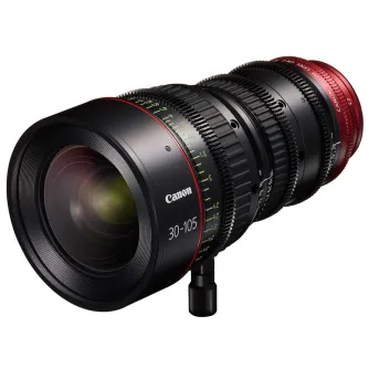 Artimas vaizdas Canon CN-E30-105mm T2.8 L S objektyvo su EF tvirtinimu, demonstruojantis juodą korpusą su raudonais akcentais, žaliomis fokusavimo žymėmis ir detaliais mechanizmais.