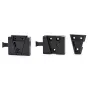 CVW Video VLOCK V-Lock Adapter Sistėma - Trys juodi metaliniai V-Lock adapterio komponentai: stačiakampė plokštė su V formos išpjova ir spyruokliniu mechanizmu, plokštė su keturiais tvirtinimo skylėmis ir trikampė plokštė su dvi