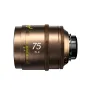 DZOFILM Arles Lustre 75mm T1.6 kino objektyvas bronziniu apdaila, su fokuso atstumo skale pėdomis, T1.6 diafragmos ženklu, 75mm fokuso ilgiu ir tekstūruotais fokuso bei diafragmos žiedais, pateikiamas šoniniame vaizde.
