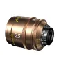DZOFILM Arles Lustre 25mm T1.6 PL kino objektyvas, bronzinis korpusas su geltonais fokusavimo ir T-stop ženklais, priekinis elementas ir galinis tvirtinimas matomi ant balto fono