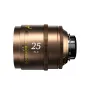 DZOFILM Arles Lustre 25mm T1.6 PL objektyvas su auksine-bronzine apdaila, įgraviruotomis fokusavimo atžymomis, fokusavimo skale su geltonu tekstu ir gintaro halacijos efektu kino blyksniams
