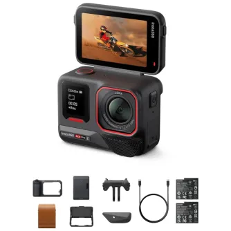 Insta360 Ace Pro 2 veiksmo kamera su 8K jutikliu, dviem AI lustais ir vandeniui atspariu dizainu iki 12 m. Komplekte yra Xplorer Grip Pro, Pocket Printer, odinė dėžutė, USB-C laidas ir dvi baterijos. Užfiksuota veiksmo akimirka 