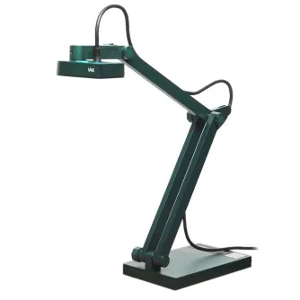 IPEVO V4K dokumentinė kamera su tamsiai žalia reguliuojama ranka, stačiakampiu pagrindu ir USB kabeliu, su 8 MP jutikliu ir 3264x2448 raiška.