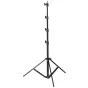 Kaiser AutoFold S šviesos stovas su reguliuojamu aukščiu 78-240 cm, juodas anodizuotas teleskopinis stulpas ir sulankstomos trikampio kojos, su 16 mm atvirkštine sriegine smeige ir 1/4" bei 3/8" tvirtinimo sriegiais