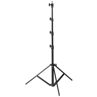 Kaiser AutoFold S šviesos stovas su reguliuojamu aukščiu 78-240 cm, juodas anodizuotas teleskopinis stulpas ir sulankstomos trikampio kojos, su 16 mm atvirkštine sriegine smeige ir 1/4" bei 3/8" tvirtinimo sriegiais