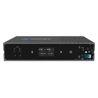 Kiloview E3 4K HDMI/SDI dvigubo kanalo video kodavimas su skaitmeniniu ekranu, CPU ir atminties naudojimu, temperatūra ir versijos detalėmis, su pažymėtais prievadais ir valdymo mygtukais.