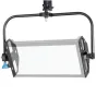Litepanels Gemini 2x1 Soft LED panelis su šviesiu difuzoriumi, priekinis vaizdas, juodi montavimo laikikliai ir mėlynas reguliavimo mygtukas