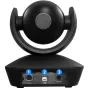 Apsukos vaizdas iš Marshall CV610-UB 5MP USB PTZ kameros, akcentuojant RS232, USB 2.0 ir DC12V įėjimo prievadus juodoje bazėje.
