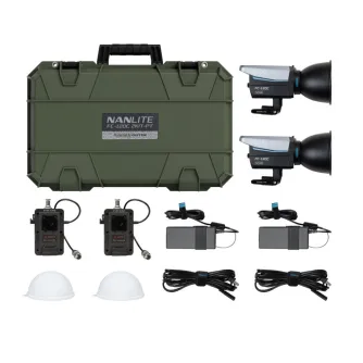 NANLITE FC-120C 2KIT-PT apšvietimo rinkinys su dviem RGBW LED paneliais, difuzoriais, baterijų rankenomis, kabeliais ir tvirtu alyvuogių GUTEK dėklu