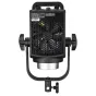 NANLITE FS-200 Spot Light su šešiakampiu ventiliacijos groteliu, galiniais valdymo mygtukais ir sidabrine baze, sumontuota ant juodo reguliuojamo laikiklio. Puikiai tinka profesionaliai fotografijai ir vaizdo įrašymui.