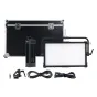 NANLUX Dyno 650C RGBWW LED Soft Panel Light su kroviniu, difuzoriumi, maitinimo kabeliais ir priedais, tvarkingai išdėstytais.
