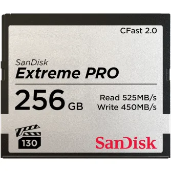 SanDisk Extreme PRO CFast 2.0 256 GB atminties kortelė su 525 MB/s skaitymo ir 450 MB/s rašymo greičiu, su sidabrine etikete, juodu korpusu ir CFast 2.0 ženklu.