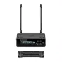 Sennheiser EW-DP ME4 SET bevielė lavalier mikrofonų sistema su dviguba antena ir LCD ekranu, taip pat nuimama montavimo plokštė su perforuotu dizainu.