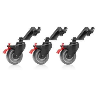 Trys juodi Shape MTELS Montreal ratai su raudonomis stabdžių svirtimis ir tvirtinimo detalėmis 1" x 1" stovų kojoms, išdėstyti šalia. Trys juodi Shape MTELS Montreal ratai su raudonomis stabdžių svirtimis ir tvirtinimo detalėmis 1" x 1" stovų kojoms, išdėstyti šalia.