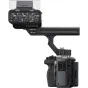 Sony FX3A kinematografinė kamera su prijungta XLR audio rankena, matomi galiniai HDMI ir USB-C portai bei detalūs garso valdymo mygtukai