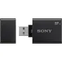 Sony MRW‑S1 UHS‑II SD kortelių skaitytuvas su USB 3.1 Gen 1 jungtimi, juodas kompaktiškas korpusas ir atidarytas nuimamas dangtelis