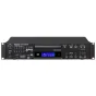 Tascam CD-200SB rack-mount audio grotuvas su priekinės kontrolės panele, mėlynu LCD ekranu, CD dėže, USB ir SD įėjimais bei subalansuotais XLR išėjimais.