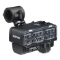 Tascam CA-XLR2d dvikanalinis XLR mikrofonų adapteris su aukšta koja be veidrodinių kamerų, turintis priekinį valdymo skydelį ir skaidrų apsauginį dangtelį.