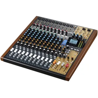 Tascam Model 16 14‑kanalinis analoginis mikseris su baltomis skaidrėmis, juodais rankenėlėmis, auksine valdymo panele ir mažu LCD ekranu. Tascam Model 16 14‑kanalinis analoginis mikseris su baltomis skaidrėmis, juodais rankenėlėmis, auksine valdymo panele ir mažu LCD ekranu.