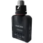 Kompaktiškas Tascam DR-10X mikrofonui tvirtinamas audio įrašymo prietaisas su XLR mikrofonu, priekinis vaizdas su OLED ekranu, valdymo mygtukais ir slankiu įrašymo jungikliu, juodas korpusas, idealus lauko įrašymui.