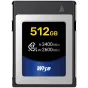 Wise CFexpress 4.0 Type B 512 GB atminties kortelė su 3400 MB/s skaitymo ir 2600 MB/s rašymo greičiais, ideali 8K RAW fotografijai ir vaizdo įrašams.