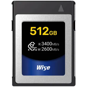Wise CFexpress 4.0 Type B 512 GB atminties kortelė su 3400 MB/s skaitymo ir 2600 MB/s rašymo greičiais, ideali 8K RAW fotografijai ir vaizdo įrašams. Wise CFexpress 4.0 Type B 512 GB atminties kortelė su 3400 MB/s skaitymo ir 2600 MB/s rašymo greičiais, ideali 8K RAW fotografijai ir vaizdo įrašams.