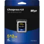 Wise CFexpress 4.0 Type B 512 GB atminties kortelė 8K RAW vaizdo ir fotografijai, su 3400 MB/s skaitymo ir 2600 MB/s rašymo greičiais ant pakuotės.