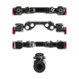 Wooden Camera 15mm Studio Handgrip Kit viršutinis vaizdas, rodantis 15mm kryžkelę, du 6 colių prailginimus, ODI BMX rankenas ir nerūdijančio plieno rankenėles su raudonais spalvų žiedais, visi ant švaraus balto fono.