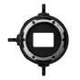 Z-CAM LPL Mount adapter for Z-Cam E2 Flagship Series, su apvaliu dizainu, centriniu išpjovimu, sidabriniu žiedu ir juodu plastiko korpusu, su 'LOCK' ir 'OPEN' jungikliais bei srieginiu žiedu su varžtais.