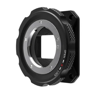 Z-CAM M Mount adapteris Z-Cam E2 Flagship Series kameroms, juodas metalinės konstrukcijos su "OPEN"/"LOCK" ženklais ir sidabriniu montavimo žiedu