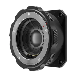 Z-CAM TurboMount (EF) objektyvo adapteris Z-Cam E2-M4, su metaliniu tvirtinimo žiedu su Lock ir Unlock ženklais bei auksiniais elektros kontaktais.