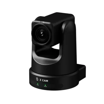 Z-CAM P2-R1 PTZ kamera, juoda profesionali 4K Ultra HD PTZ vaizdo kamera su 18x optiniu priartinimu, priekinis vaizdas, matomas objektyvas ir įjungtos statuso LED ant pagrindo