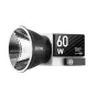 Zhiyun Molus G60 60 W COB šviesa su mini reflektoriumi, sidabrinė atspindinti dubuo, juodas korpusas su oranžiniais akcentais, šoniniame pane lyje matomas 60 W užrašas ir MOLUS G60 logotipas.