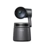 Obsbot Tail Air 4K PTZ streaming kamera su AI automatičiu sekimu, 4K video, elegantišku juodu dizainu, pastatyta vertikaliai prieš baltą foną