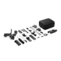 DJI RS 4 Pro Combo 2026 apima gimbal stabilizatori, dviejų variklių fokusavimo sistemą, akumuliatoriaus rankeną, siųstuvą, priedus ir juodą nešimo dėklą.