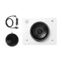 OBSBOT Meet 2 Combo vebkamera Cloud White su dideliu apvaliu objektyvu, dviem priekiniais mikrofonais, susuktas USB kabelis su įjungimo/išjungimo jungikliu ir atskiru apvaliu mikrofono komponentu, pabrėžiant kompaktišką dizainą 