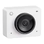 OBSBOT Meet 2 Combo Cloud White kompakti AI-valdomas 4K vaizdo kamerą su dideliu objektyvu, frontaliaus dizainu, logotipu ir valdymo mygtuku ant elegantiško balto kubo korpuso