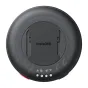 Atsuktas Insta360 Mic Pro Transmitter grafito juodos spalvos, rodantis modelio pavadinimą, 5V 0,5A įvestį, keturis LED indikatorių žibintus, raudoną maitinimo mygtuką ir spausdintas specifikacijas aplink kraštą.