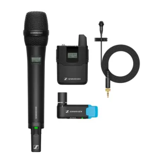 Profesionalus Sennheiser AVX ME2/835 belaidis mikrofonų komplektas su rankiniu mikrofonu, lavalieriu, kūno siųstuvu ir prijungiamu imtuvu vaizdo gamybai.