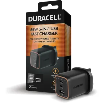 65W USB-C PD greitas įkroviklis su 3 prievadais (2 USB-C, 1 USB-A) iš DURACELL nešiojamiesiems kompiuteriams, telefonams ir planšetėms 65W USB-C PD greitas įkroviklis su 3 prievadais (2 USB-C, 1 USB-A) iš DURACELL nešiojamiesiems kompiuteriams, telefonams ir planšetėms