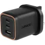 DURACELL 65 W sieninis įkroviklis su vario apvadu, turintis du USB‑C PD ir vieną USB‑A prievadą greitam kelių įrenginių įkrovimui.