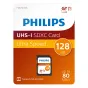 Philips 128 GB UHS-I SDXC atminties kortelė oranžinės-raudonos pakuotės, priekinis vaizdas su Class 10, V10 ir 128 GB žymomis, palaiko pilną HD vaizdo įrašą ir iki 80 MB/s