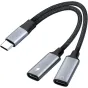 PremiumCord USB‑C 2‑in‑1 splitteris su braidiniu juodu kabeliu, sidabriniais jungtimis, vienas USB‑C male jungtis ir dvi USB‑C female jungtys (ausinėms ir įkrovimui), kompaktiškas aliuminio korpusas.