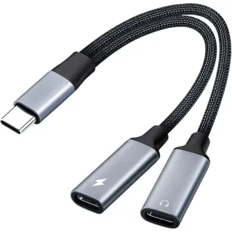 PremiumCord USB‑C 2‑in‑1 splitteris su braidiniu juodu kabeliu, sidabriniais jungtimis, vienas USB‑C male jungtis ir dvi USB‑C female jungtys (ausinėms ir įkrovimui), kompaktiškas aliuminio korpusas. PremiumCord USB‑C 2‑in‑1 splitteris su braidiniu juodu kabeliu, sidabriniais jungtimis, vienas USB‑C male jungtis ir dvi USB‑C female jungtys (ausinėms ir įkrovimui), kompaktiškas aliuminio korpusas.