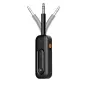 Juodas Tech-Protect UltraBoost AU03 Bluetooth audio adapteris su 3,5 mm jack jungtimis, priekinis vaizdas, įjungtas mėlynas LED indikatorius, oranžinis RX/TX jungiklis, mygtukai +, - ir play/pause.