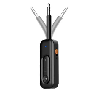 Juodas Tech-Protect UltraBoost AU03 Bluetooth audio adapteris su 3,5 mm jack jungtimis, priekinis vaizdas, įjungtas mėlynas LED indikatorius, oranžinis RX/TX jungiklis, mygtukai +, - ir play/pause. Juodas Tech-Protect UltraBoost AU03 Bluetooth audio adapteris su 3,5 mm jack jungtimis, priekinis vaizdas, įjungtas mėlynas LED indikatorius, oranžinis RX/TX jungiklis, mygtukai +, - ir play/pause.