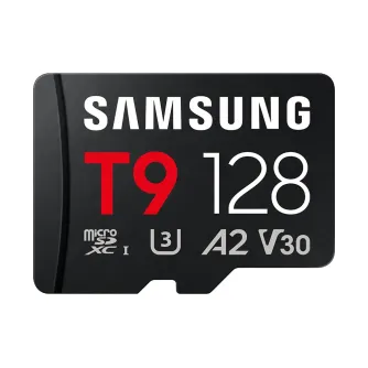 Samsung T9 128 GB microSDXC atminties kortelė su U3, A2 ir V30 greičio klasėmis, skaitymo greitis iki 200 MB/s ir rašymo greitis iki 130 MB/s. Samsung T9 128 GB microSDXC atminties kortelė su U3, A2 ir V30 greičio klasėmis, skaitymo greitis iki 200 MB/s ir rašymo greitis iki 130 MB/s.