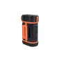Celestron Powertank Lithium Pro nešiojamas akumuliatorius su juodu ir oranžiniu cilindriniu korpusu, ribotu viršutiniu dangteliu ir šonine LED juosta, izoliuotas ant balto fono.