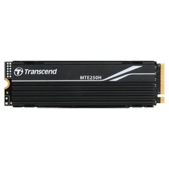 Transcend MTE250H PCIe Gen4 x4 M.2 2280 SSD su 3D TLC NAND, DRAM talpykla ir šilumos išsklaidymo sistema, matomas priekinis vaizdas su auksiniais kontaktais ir logotipu.